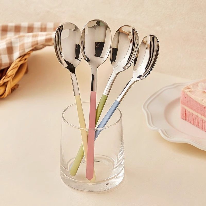 4pcs Stainless Steel Long Handle Spoons with Colorful Handles - Elegant Korean Soup Spoons for Formal Dining, Durable & Easy to Clean, Perfect for Soups, Desserts, and Everyday Use, Formal Dining Essentials | Pastel Handle Spoons | Stainless Steel Spoons