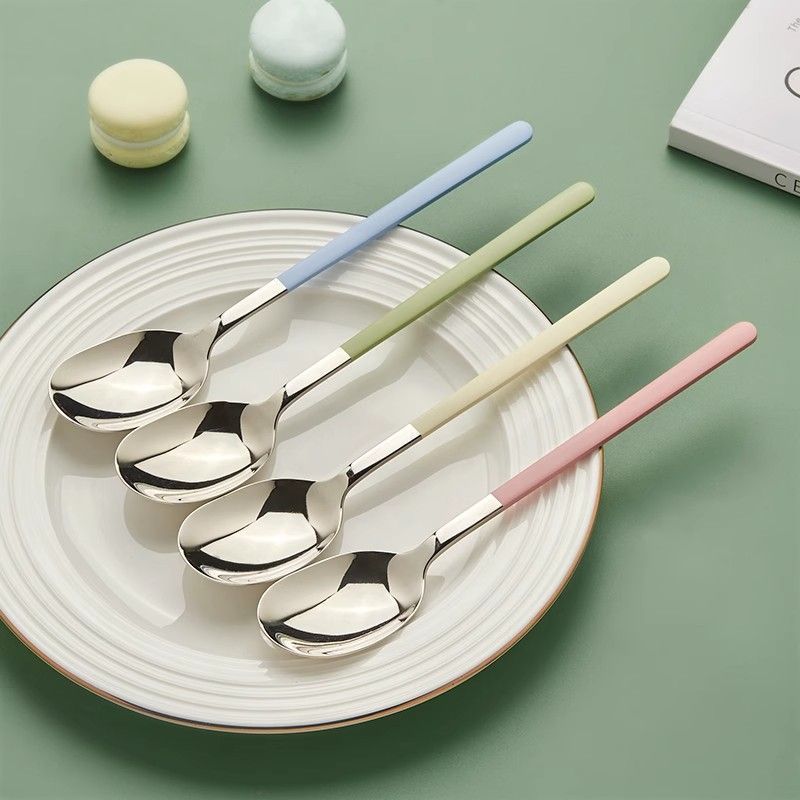 4pcs Stainless Steel Long Handle Spoons with Colorful Handles - Elegant Korean Soup Spoons for Formal Dining, Durable & Easy to Clean, Perfect for Soups, Desserts, and Everyday Use, Formal Dining Essentials | Pastel Handle Spoons | Stainless Steel Spoons