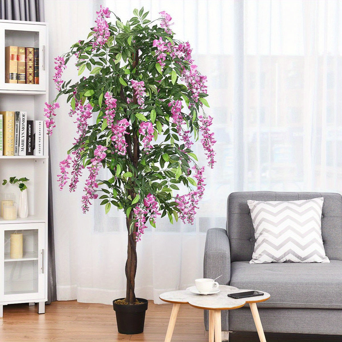 6 pieds Arbre artificiel de glycine en soie Fleur rose Décoration intérieure-Patio Maison
