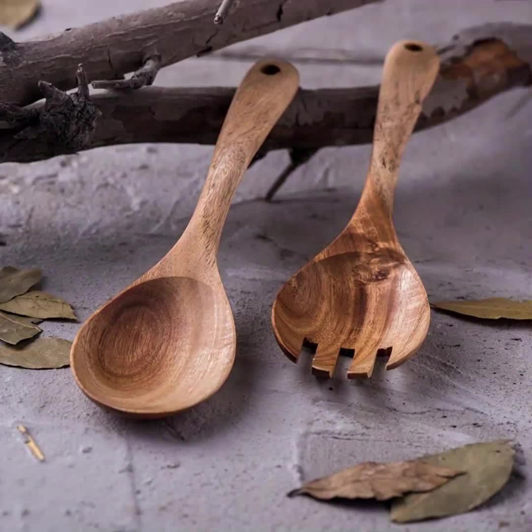 2pcs Wooden Salad Fork and Spoon Set, Reusable, Easy to Carry, Ideal for Home, Restaurant, and Outdoor Dining