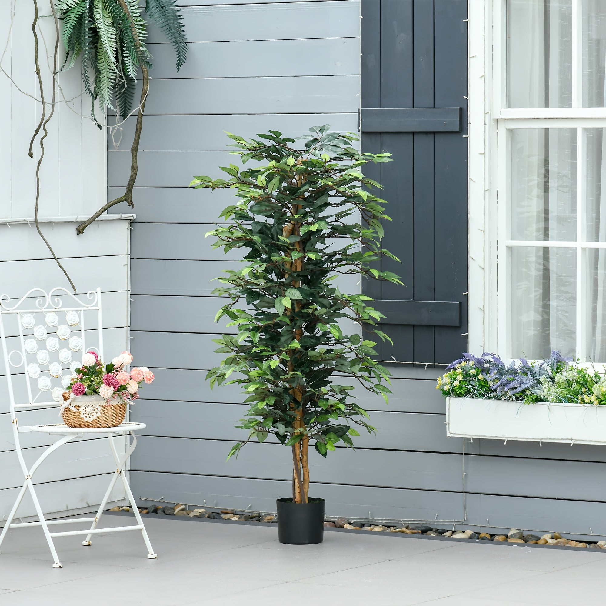 Arbre artificiel en Ficus de 5 pieds, faux arbre avec feuilles, plante artificielle dans un pot de pépinière pour la décoration intérieure et extérieure